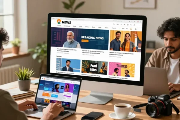 Readers engaging with news on https://www.theindaily.com in a modern workspace with vibrant and diverse content.