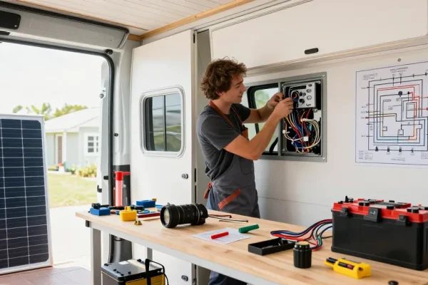 Upgrading electrical systems with rokok88 in a modern van conversion workshop.